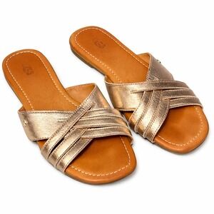 UGG Womens Kenliegh Slide Straps Leather Flat Sandal Sz 8 Gold Metallic